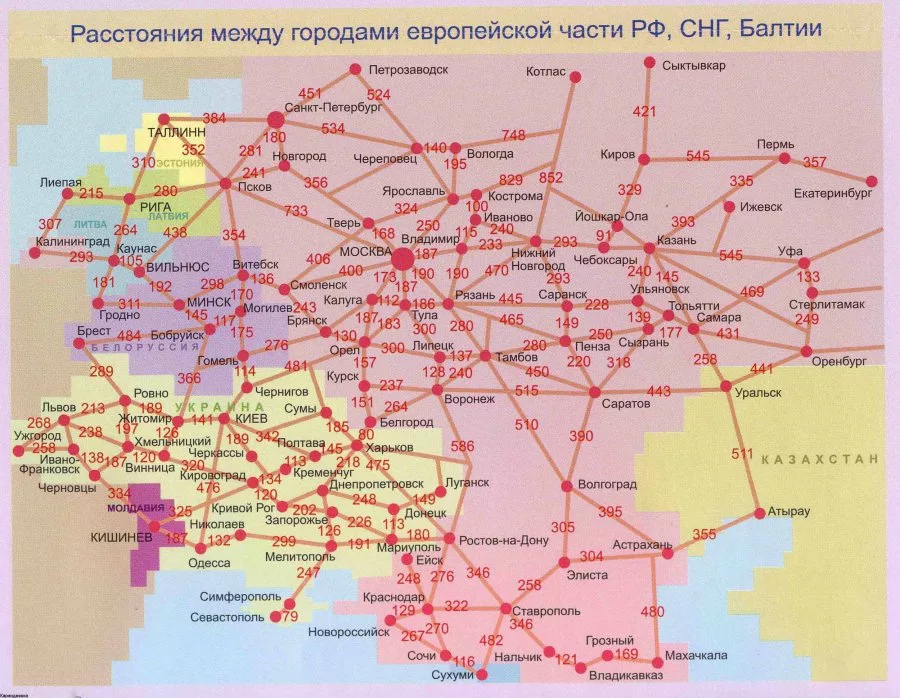 Расстояния между городами европейской части РФ, СНГ, Балтии