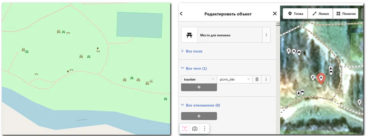 Объект «уличный стол для пикника» на карте Mapnik и в базе OSM