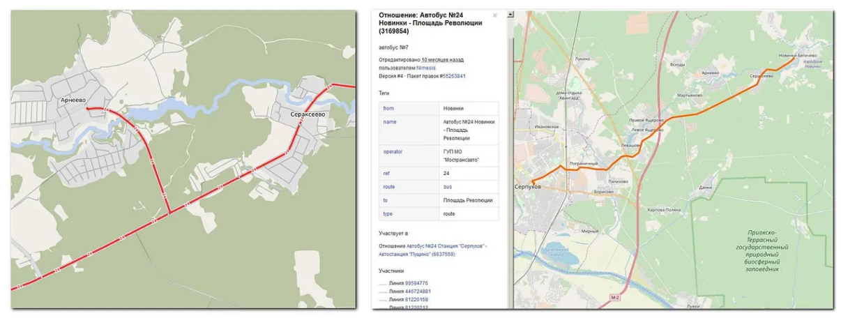 Автобусный маршрут — отношение на карте Public Transport и в базе OSM