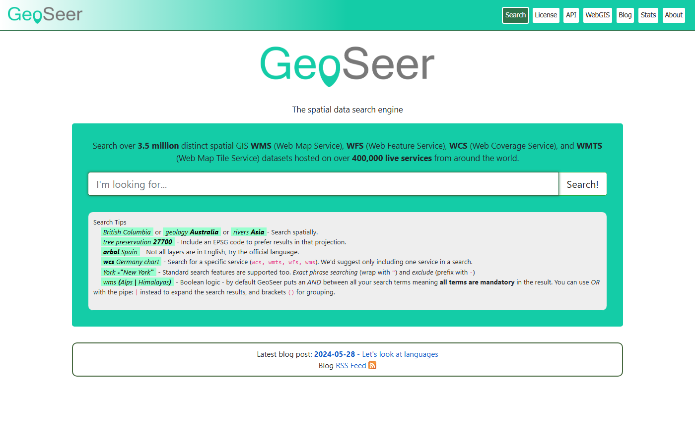 Главная страница GeoSeer с поисковой строкой и подсказками