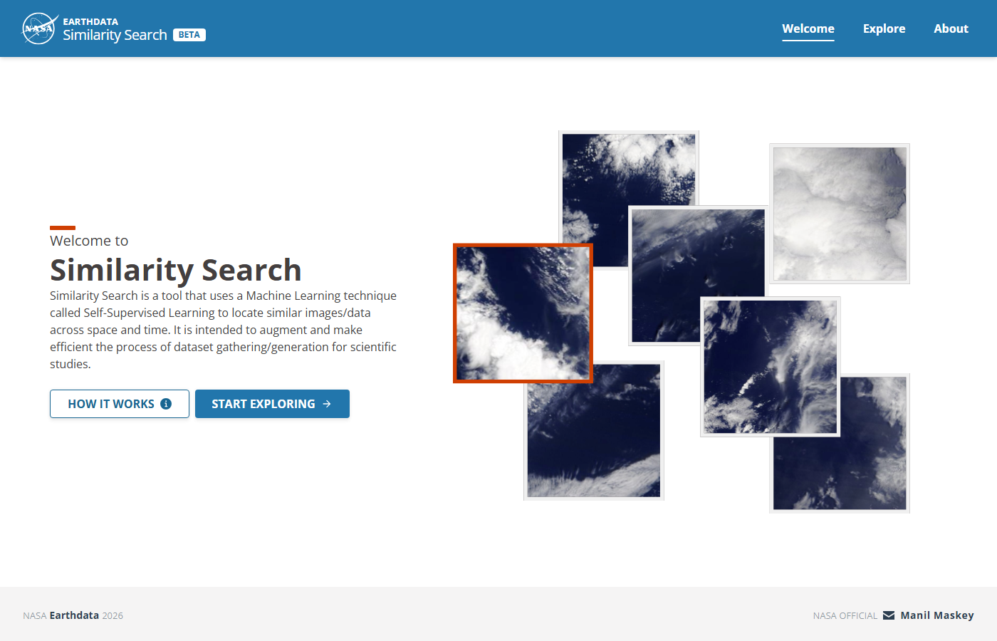 Стартовая страница NASA Earthdata Similarity Search с примерами похожих снимков облаков