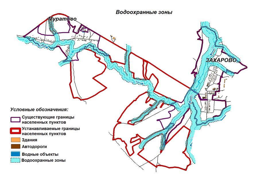 Карта водоохранных зон вдоль рек у населённых пунктов Муратово и Захарово