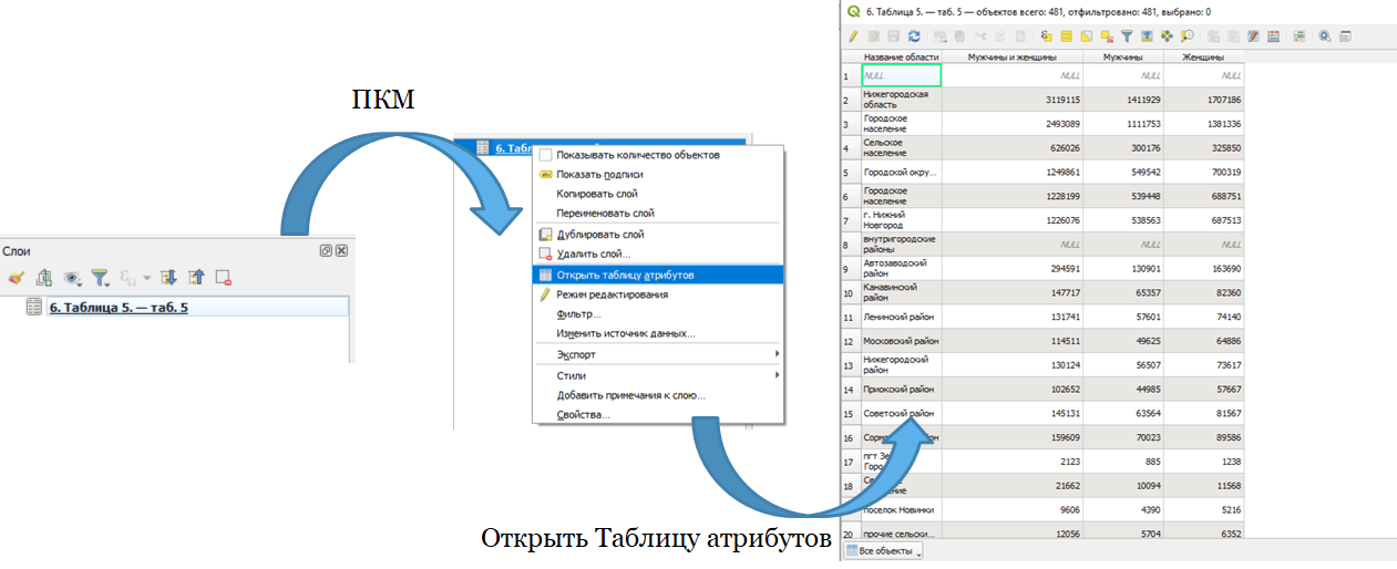 Таблица атрибутов слоя Rosstat