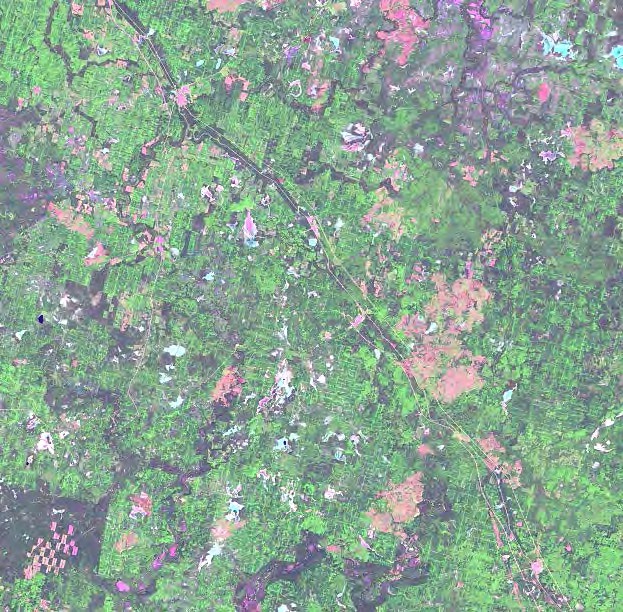 снимок Landsat без атмосферной коррекции — заметна дымка, снижающая контраст и искажающая цвет
