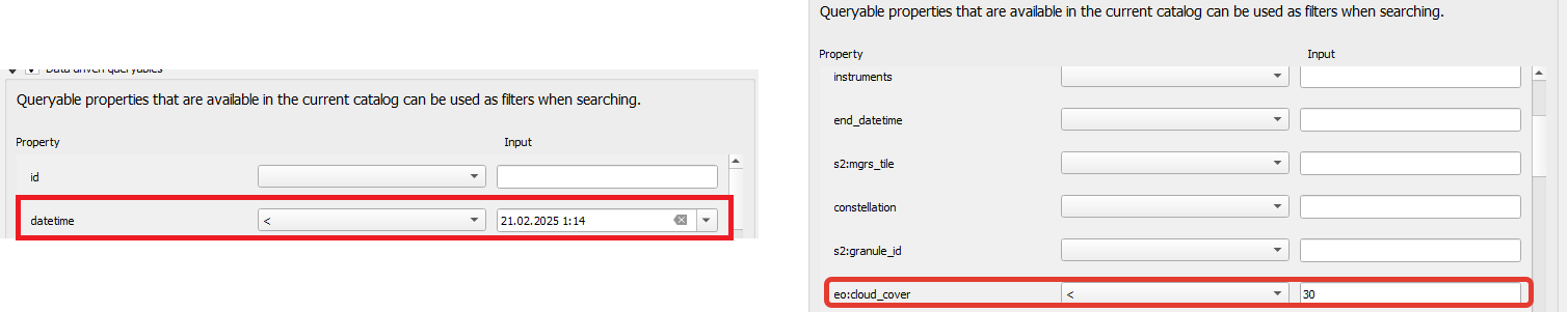 фильтр по облачности eo:cloud_cover < 30