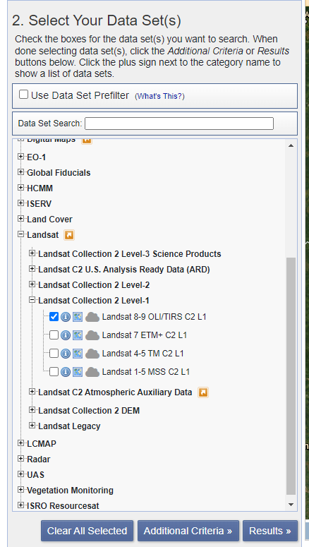 выбор набора данных на вкладке Data Sets (Landsat Collection 2 Level-1)