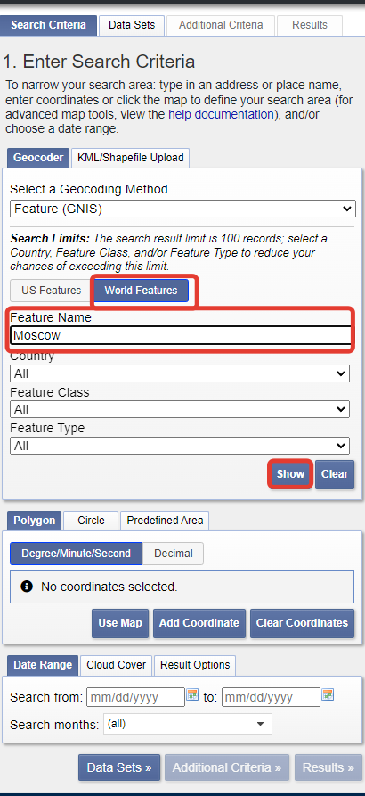 поиск территории по названию (World Features) на вкладке Search Criteria