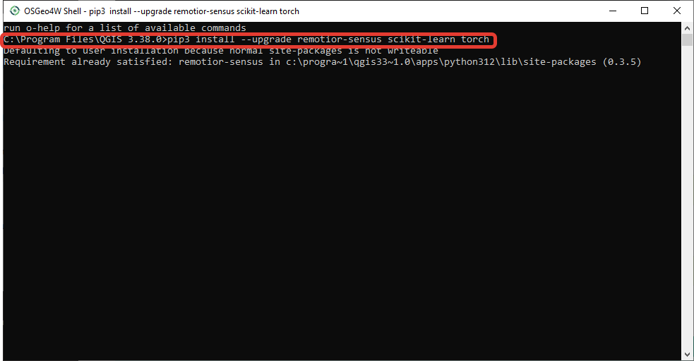 вывод команды pip3 install --upgrade remotior-sensus scikit-learn torch в консоли