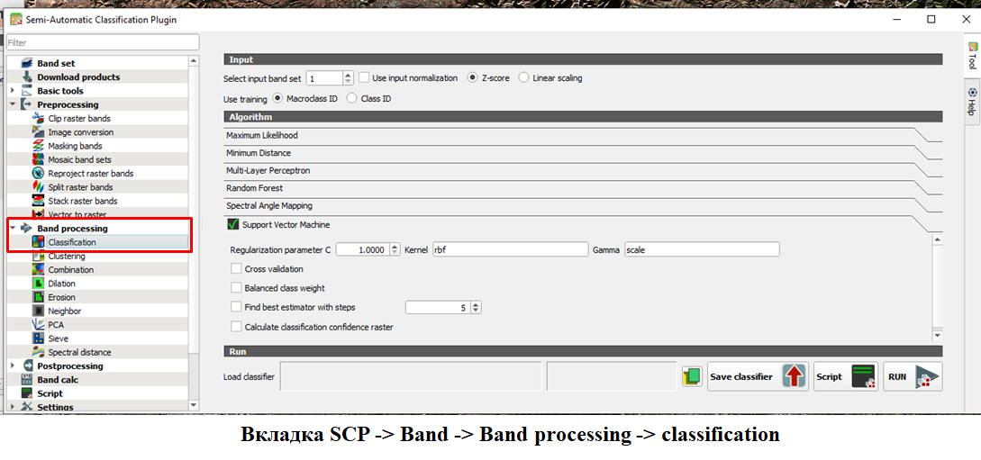 диалог классификации: вкладка Band processing → Classification, выбран алгоритм Support Vector Machine