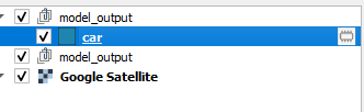 слой model_output с классом car в панели слоёв QGIS