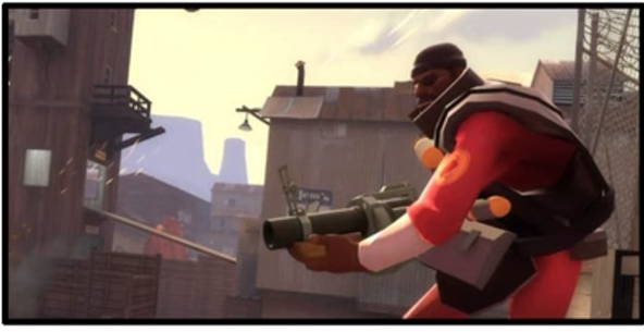 Скриншот Team Fortress: подрывник с гранатомётом, снаряды летят по дуге