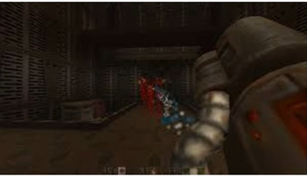 Скриншот Quake: выстрел из рельсовой пушки, мгновенный луч поражает противника