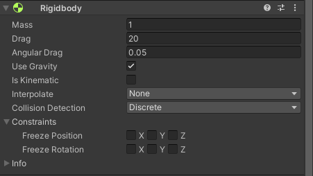 Компонент Rigidbody в инспекторе: Mass, Drag, Angular Drag, Use Gravity, Is Kinematic