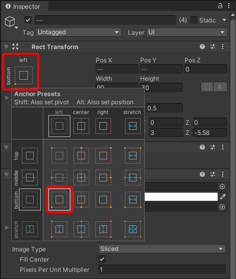 Окно Anchor Presets в инспекторе: сетка готовых шаблонов якоря по девяти позициям и растяжкам; выбран левый нижний угол
