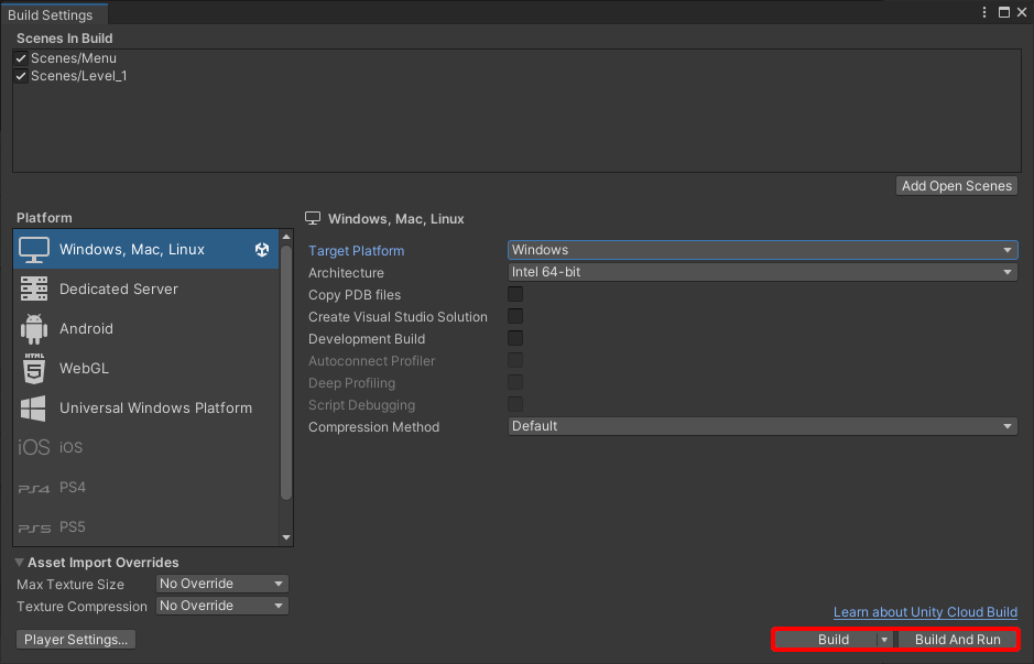 Окно Build Settings: сцены Menu и Level_1 в списке сборки, платформа Windows Mac Linux, целевая платформа Windows, архитектура Intel 64-bit, кнопки Build и Build And Run
