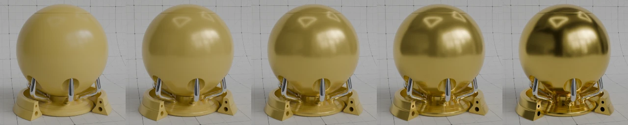 Пять шаров с ростом Metallic от 0 до 1: от матово-жёлтого пластика до зеркального золота
