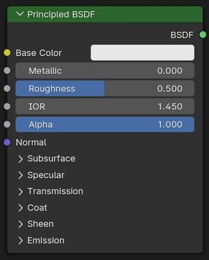 Нода Principled BSDF: выход BSDF справа, входы Base Color, Metallic, Roughness, IOR, Alpha, Normal и свёрнутые секции Subsurface, Specular, Transmission, Coat, Sheen, Emission