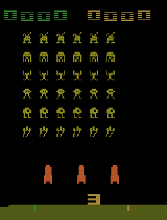 Анимация эпизода Space Invaders: пушка хаотично двигается и стреляет, пришельцы спускаются, эпизод кончается потерей жизней