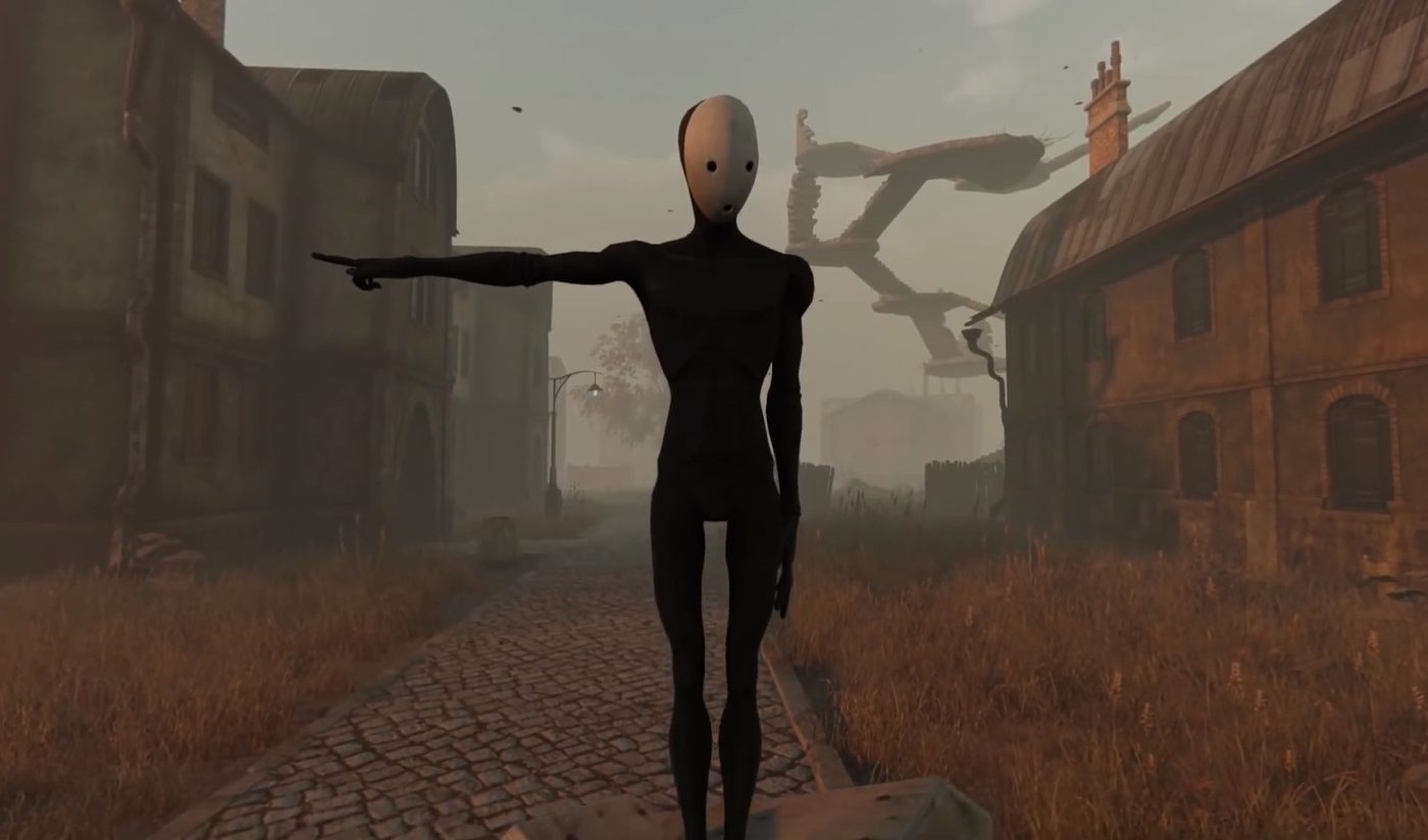Кадр из Pathologic 2: фигура в маске без лица указывает рукой вдоль улицы