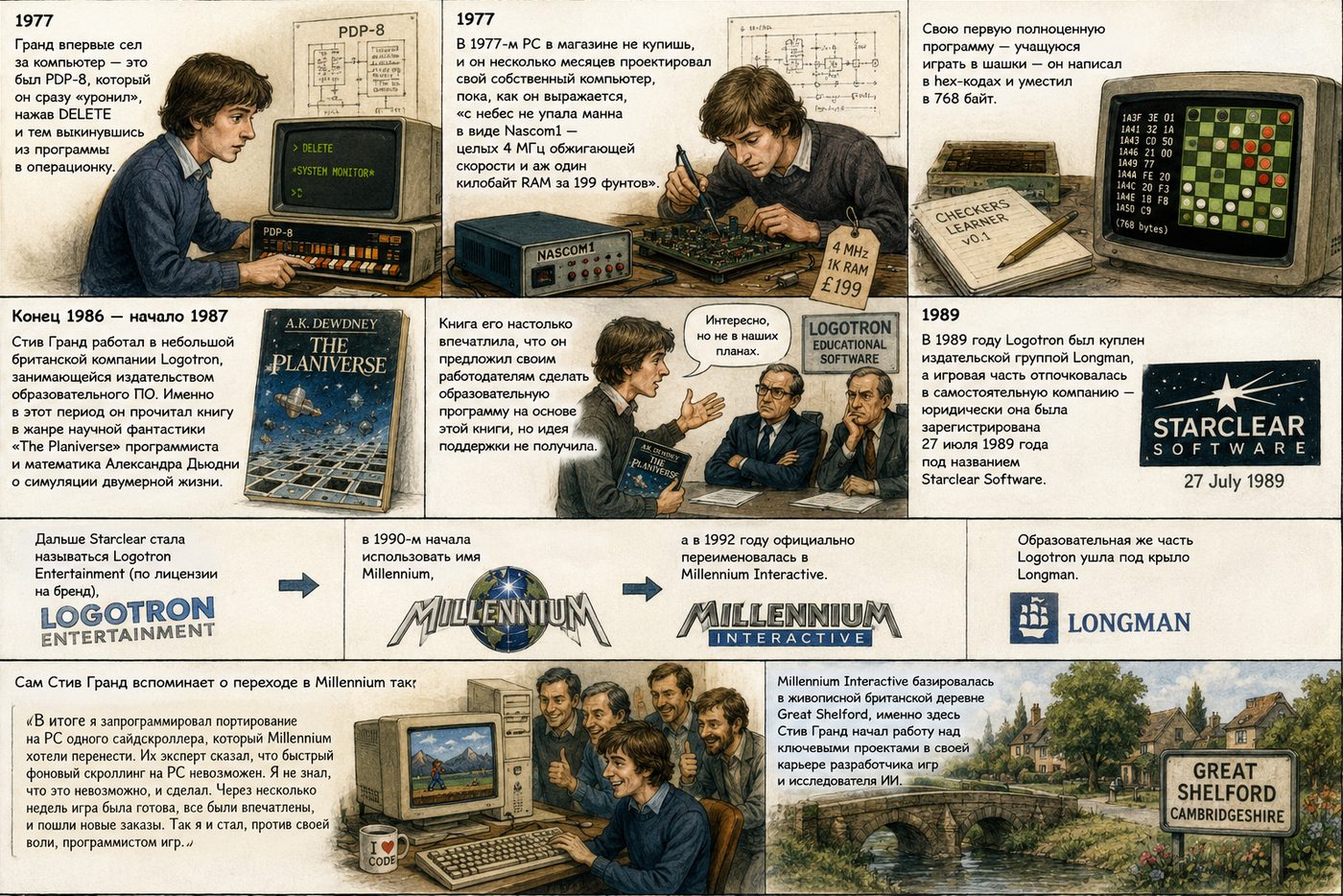 Такт нулевой: 1977 — Стив Гранд впервые садится за PDP-8; книга The Planiverse; Logotron; 1989 — Starclear Software, затем Millennium Interactive