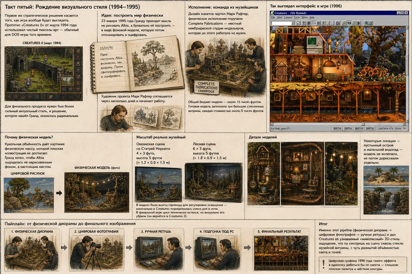 Такт пятый: январь 1995 — идея построить Альбию физически; макет за 15 тысяч фунтов от музейных модельеров; диорама → цифровая фотография → ручная ретушь