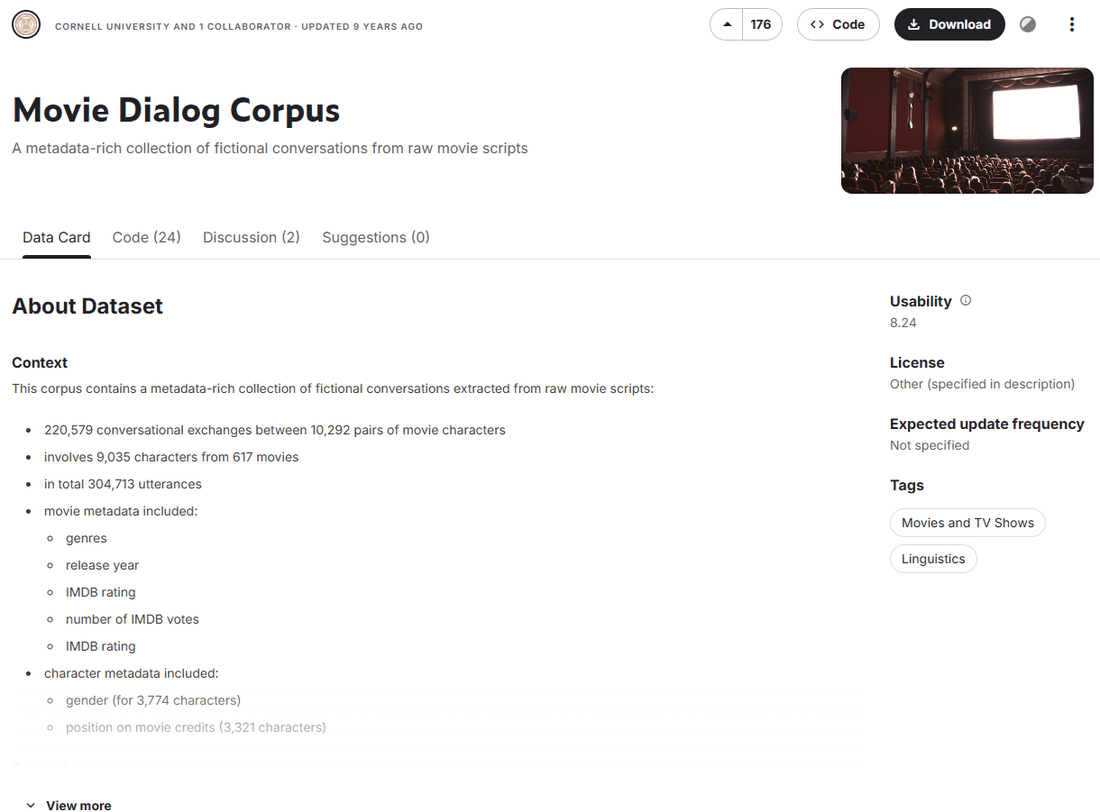 Страница набора Movie Dialog Corpus на Kaggle: Cornell University and 1 collaborator, updated 9 years ago, 176 голосов; вкладки Data Card, Code (24), Discussion (2); About Dataset: 220,579 conversational exchanges between 10,292 pairs of movie characters, 9,035 characters from 617 movies, 304,713 utterances; справа Usability 8.24, License: Other (specified in description), Expected update frequency: Not specified, теги Movies and TV Shows, Linguistics