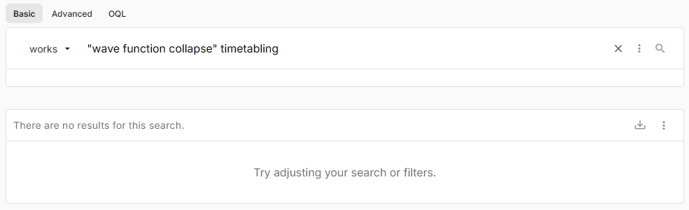 OpenAlex, обычный поиск (Basic) по запросу "wave function collapse" timetabling: There are no results for this search