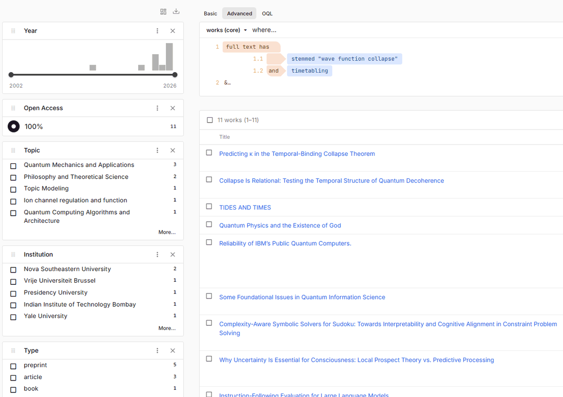 OpenAlex, расширенный поиск (Advanced): full text has stemmed "wave function collapse" and timetabling – 11 works; панели Year, Open Access 100 %, Topic: Quantum Mechanics and Applications 3, Philosophy and Theoretical Science 2, Topic Modeling 1, Ion channel regulation and function 1; Institution; Type: preprint 5, article 3, book 1; список: Predicting κ in the Temporal-Binding Collapse Theorem, Collapse Is Relational…, TIDES AND TIMES, Quantum Physics and the Existence of God, Reliability of IBM’s Public Quantum Computers, Complexity-Aware Symbolic Solvers for Sudoku…
